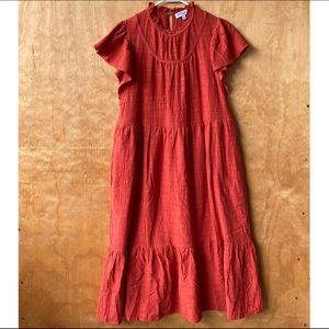 Polagram Rust Tier Ruffle Short Sleeve Midi Dress